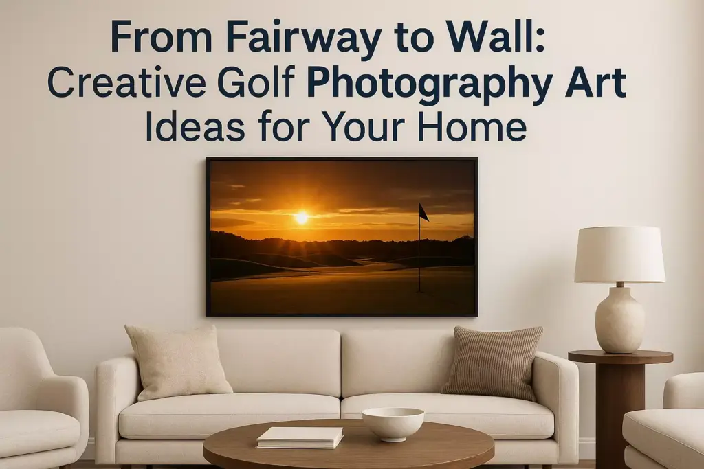 A living room with golf art on the wall, neutral decor, and text about creative golf photography art ideas.