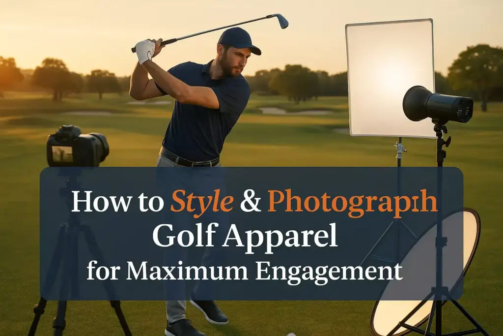 Man swings golf club on a course, surrounded by camera and lighting equipment for a photoshoot.