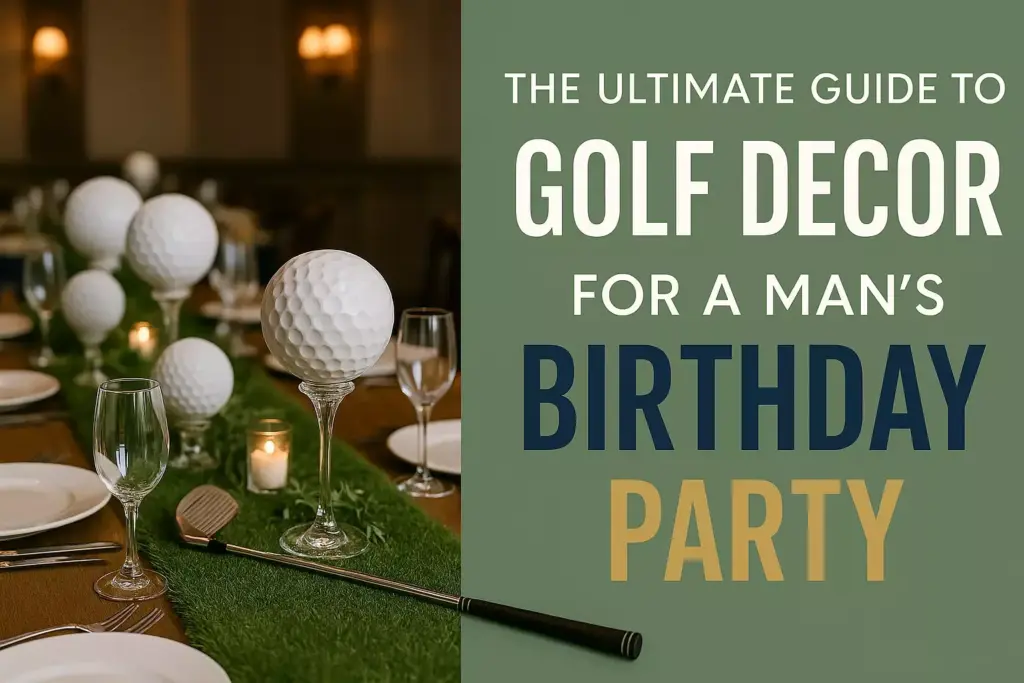 Table with golf-themed decor and the text The ultimate guide to golf decor for a mans birthday party.