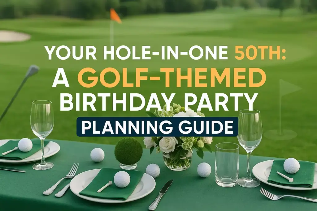 Golf-themed birthday party table setup outdoors with golf balls, plates, flowers, and party planning text overlay.