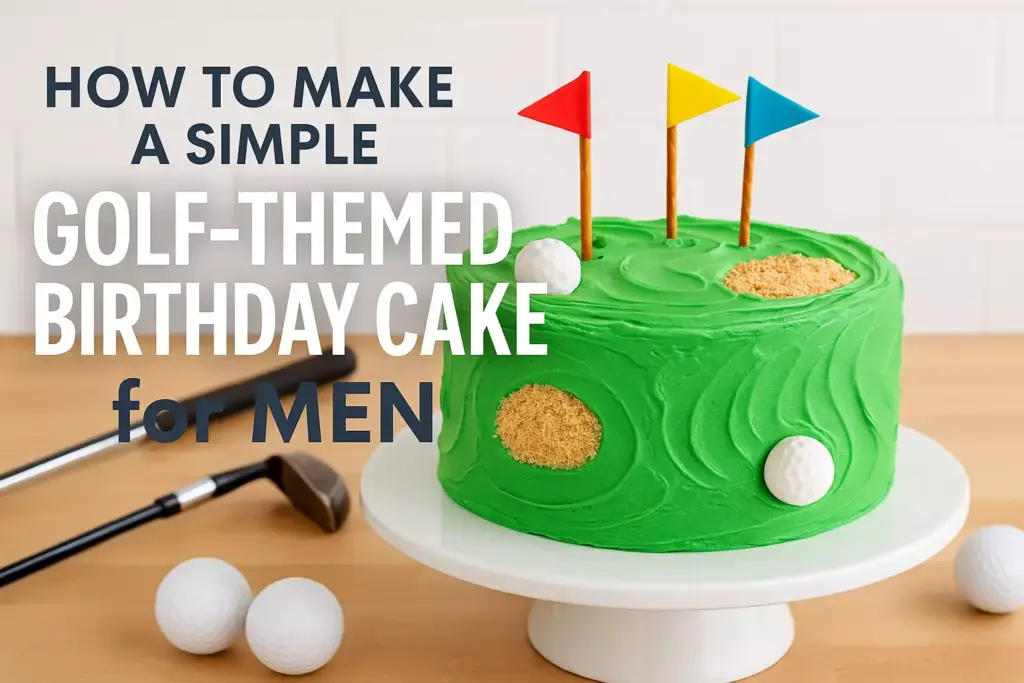A green golf-themed birthday cake with golf balls, flags, and golf clubs beside it on a wooden table.