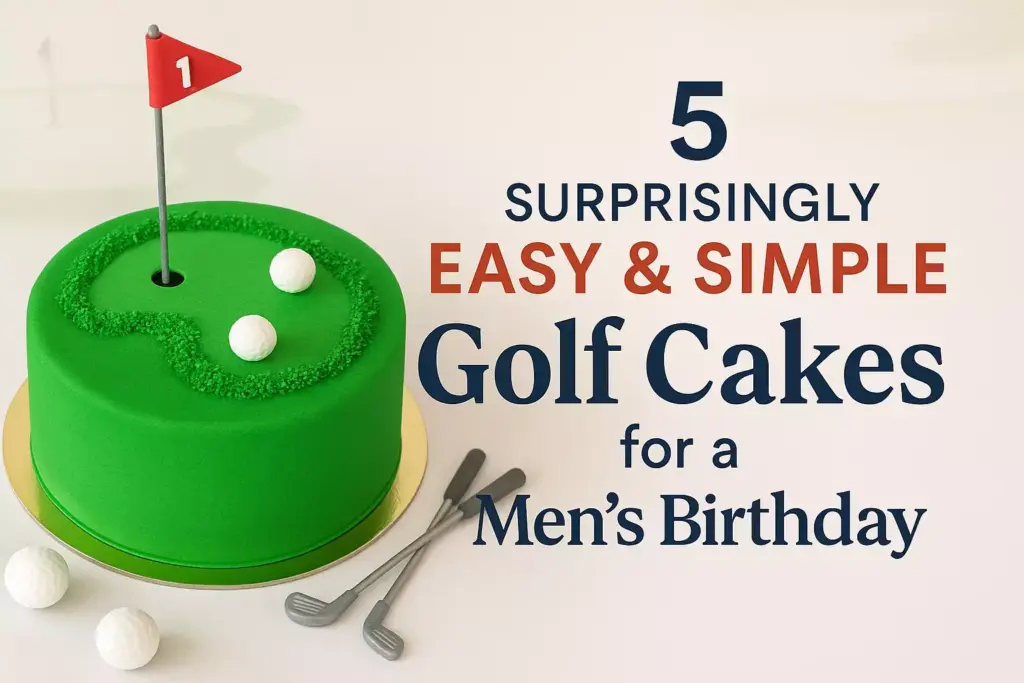 Green golf-themed cake with a red flag, golf balls, and crossed clubs beside text about simple golf cakes for men.