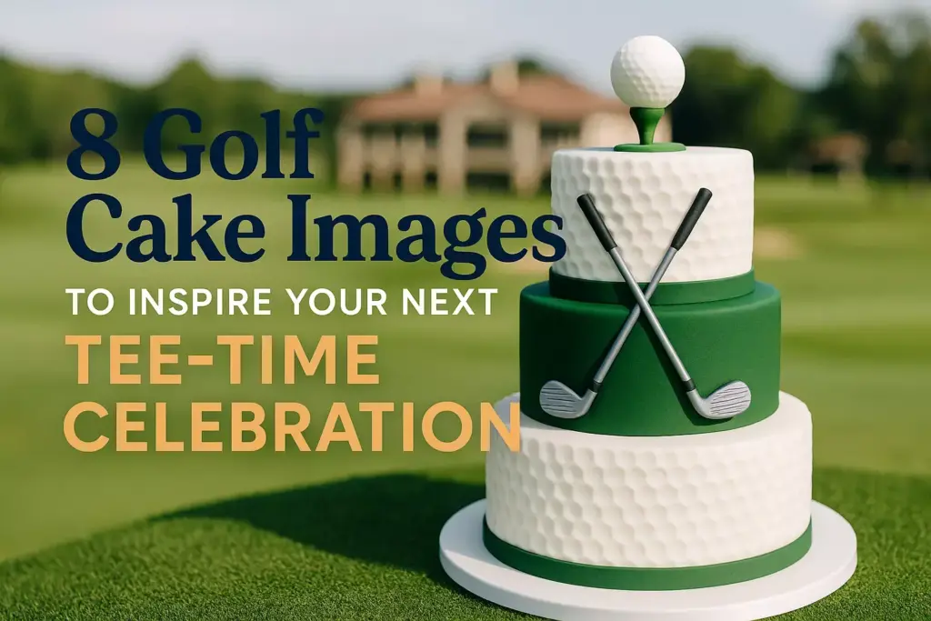 A golf-themed cake with golf ball and club decorations on a golf course, text overlay about cake ideas.