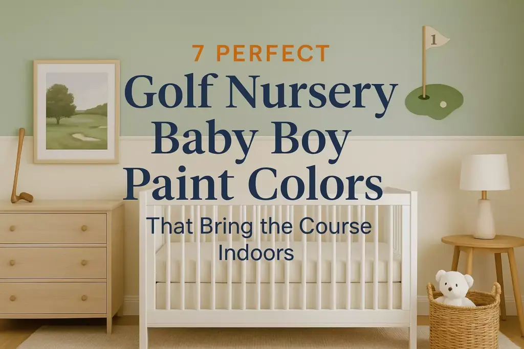 Golf-themed baby nursery with green walls, crib, dresser, golf art, and a stuffed bear in a basket.