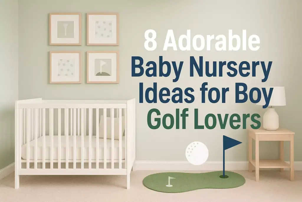 White crib and table in a golf-themed nursery with text about nursery ideas for baby boy golf lovers.