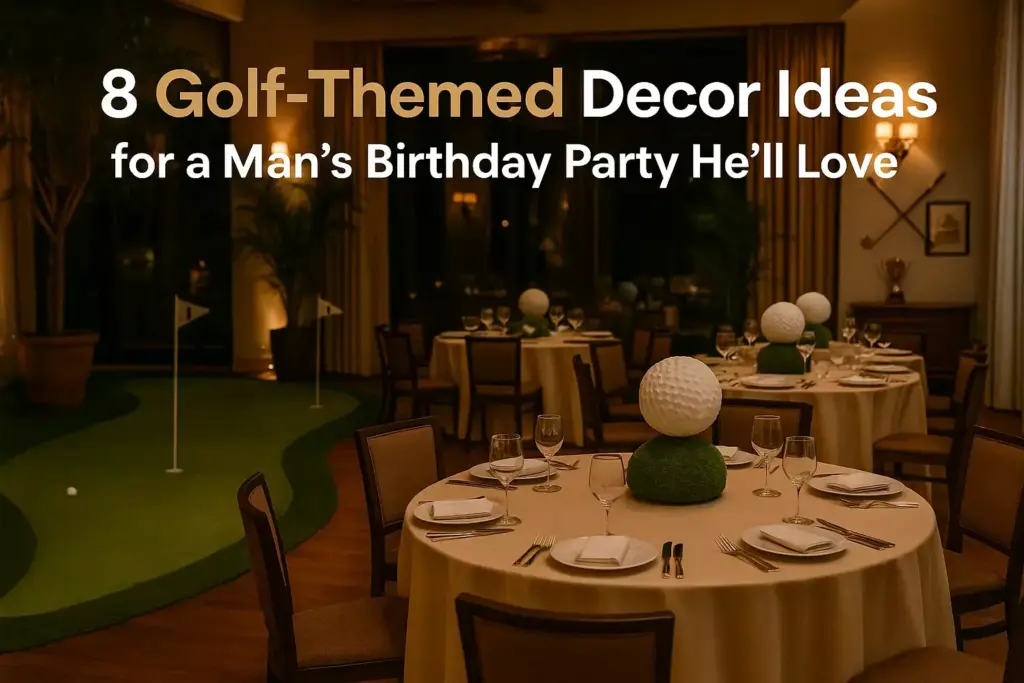 Elegant golf-themed birthday party with putting green, golf ball centerpieces, and round tables set for dinner.