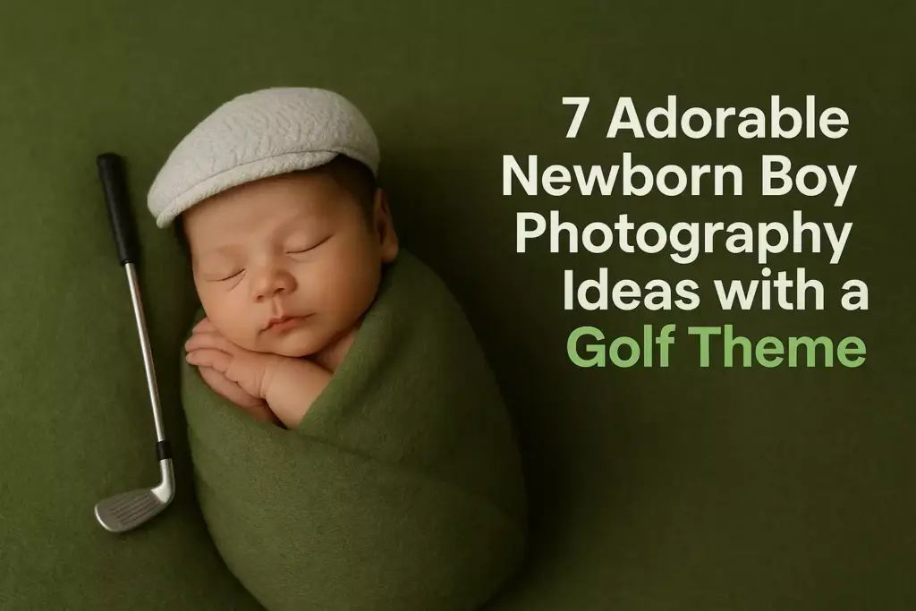 Newborn boy wrapped in green blanket with a white cap and golf club, on a green background.