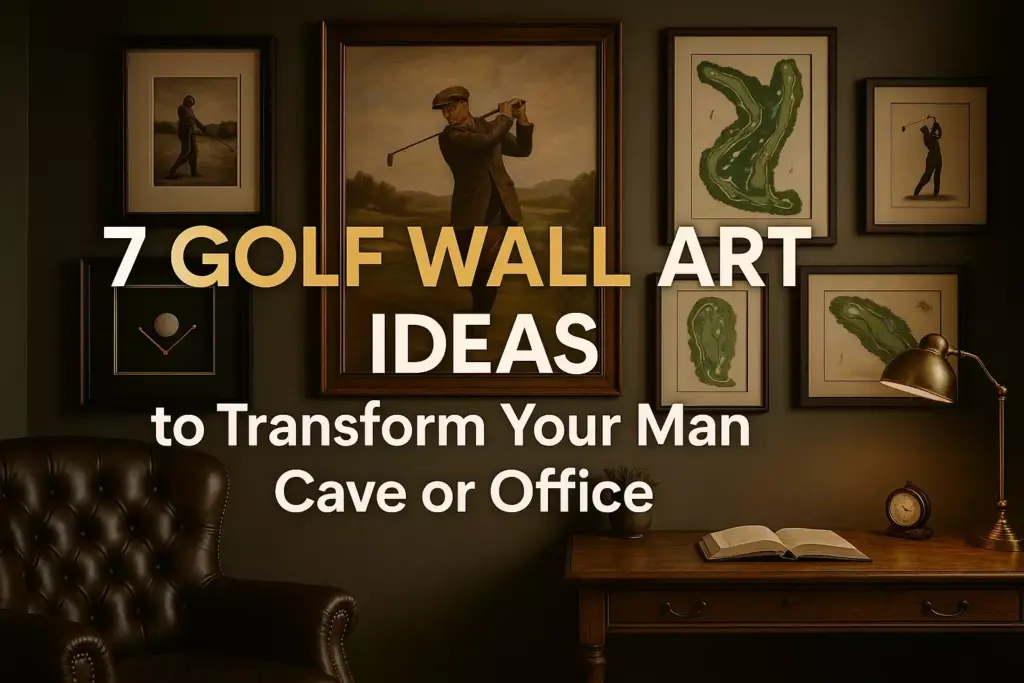 Framed golf-themed wall art above a desk with text: 7 Golf Wall Art Ideas to Transform Your Man Cave or Office.