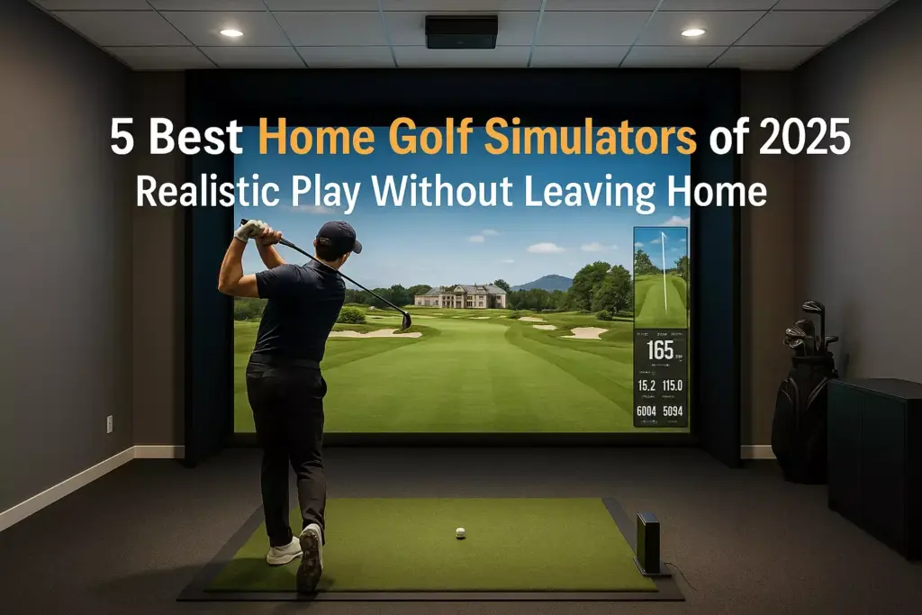 A man swings a golf club at a home golf simulator with a realistic virtual golf course on the screen.
