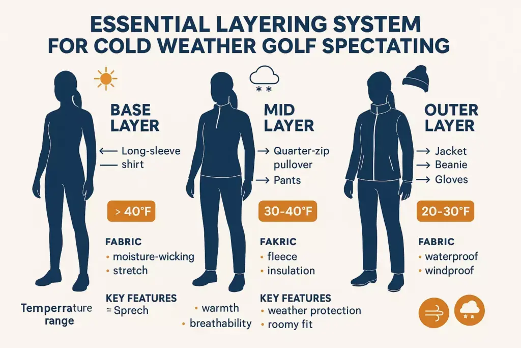Infographic showing cold weather golf layering: base, mid, and outer layers with clothing and temperature ranges.