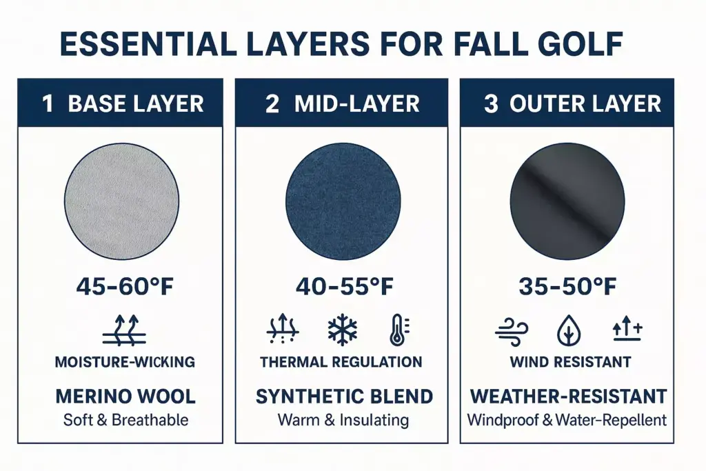 Infographic showing three essential clothing layers for fall golf: base, mid-layer, and outer layer with temperatures.