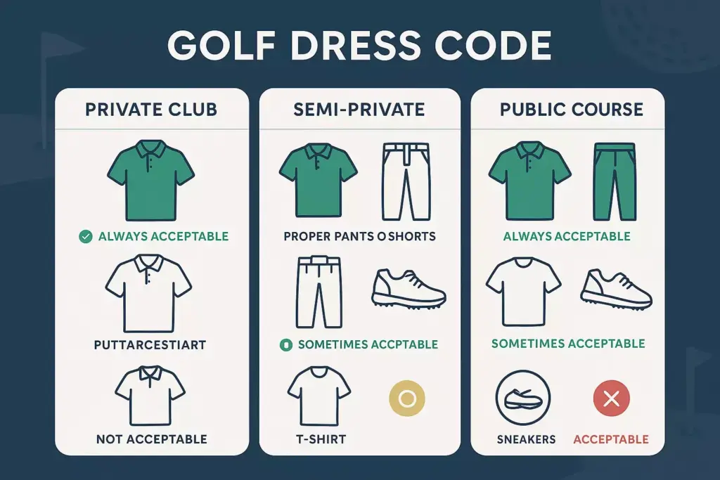 Golf dress code chart for private clubs, semi-private, and public courses with acceptable attire shown.