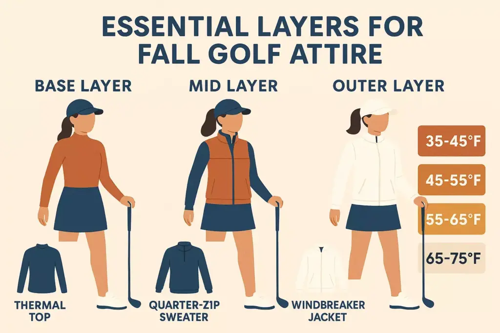 Three women in golf attire show base, mid, and outer layers for fall; temperature ranges are listed beside them.