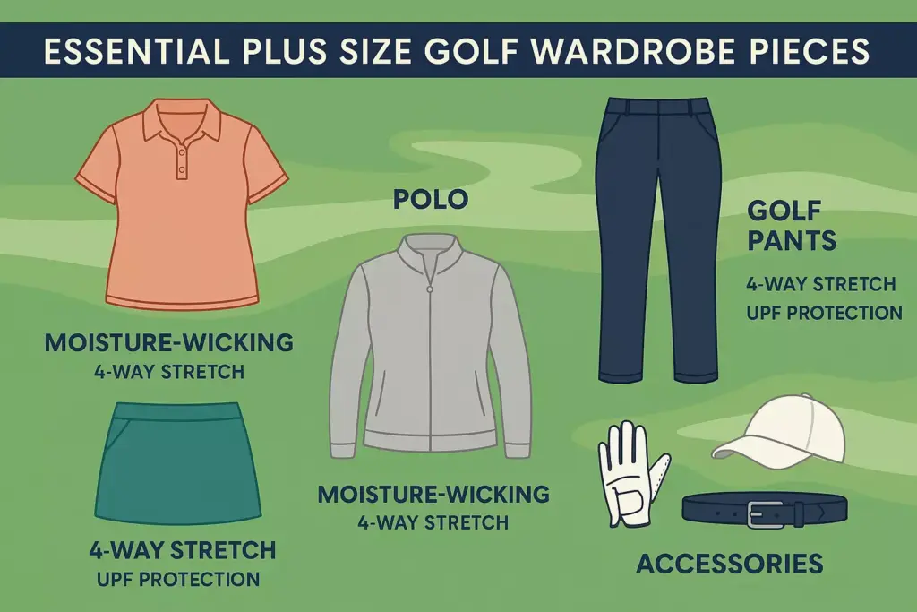 Plus size golf wardrobe: polo, jacket, pants, shorts, glove, hat, and belt with comfort and sun protection features.