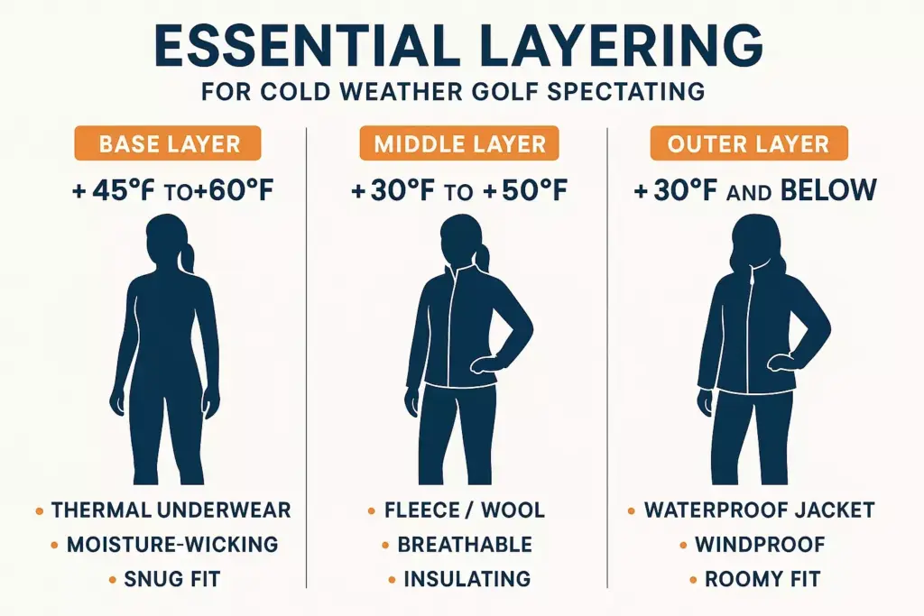 Three illustrated figures show base, middle, and outer layers for dressing in cold-weather golf spectating.