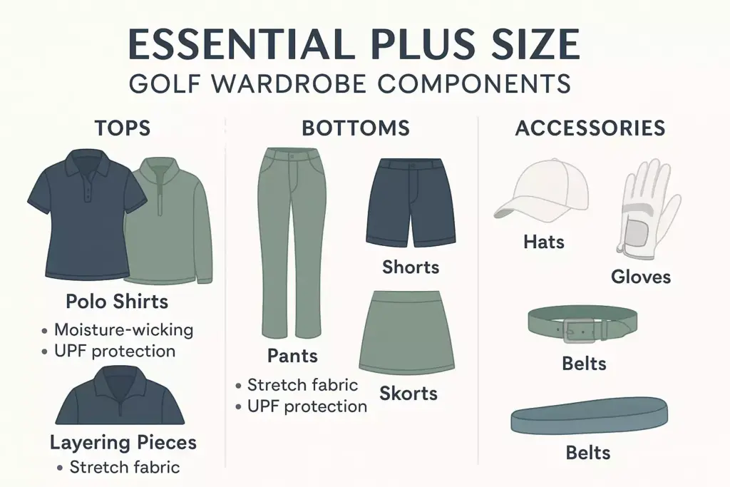 Infographic of essential plus size golf wardrobe items: polo shirts, pants, shorts, skorts, hats, gloves, belts.