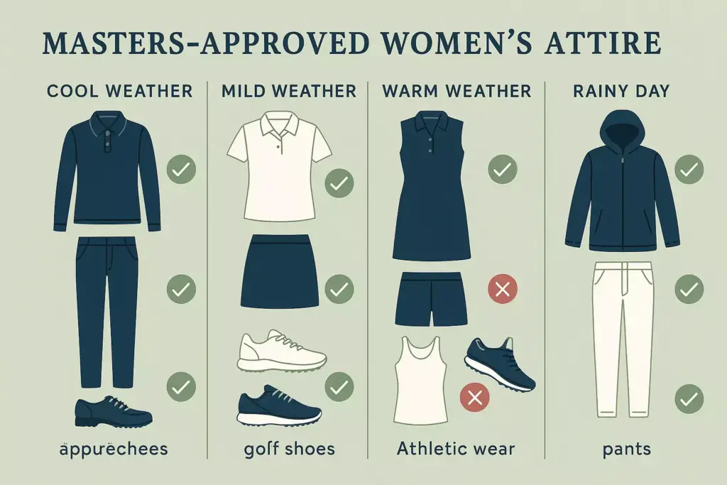 Infographic showing Masters-approved women’s golf attire for different weather, with clothing and shoes illustrations.