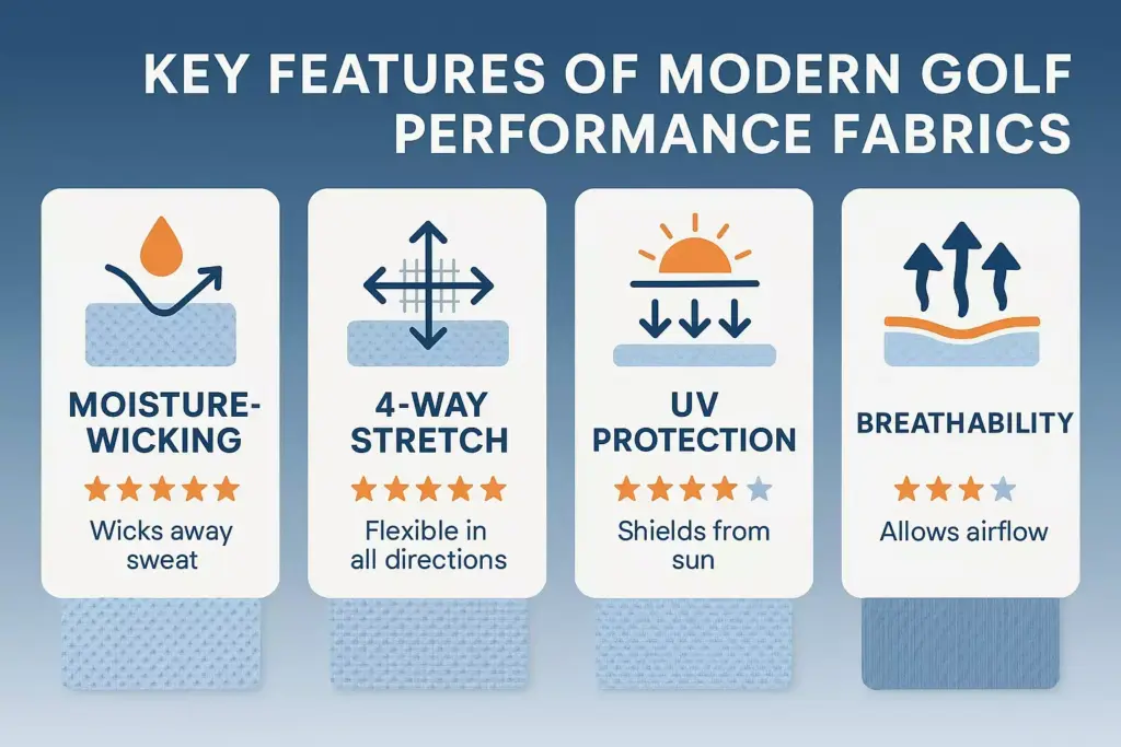 Infographic listing key features of golf fabrics: moisture-wicking, 4-way stretch, UV protection, breathability.