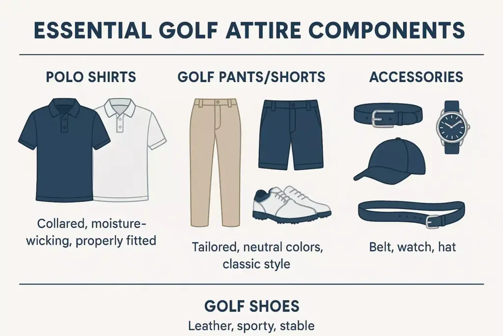 Infographic showing essential golf attire: polo shirts, pants/shorts, accessories, and golf shoes with descriptions.