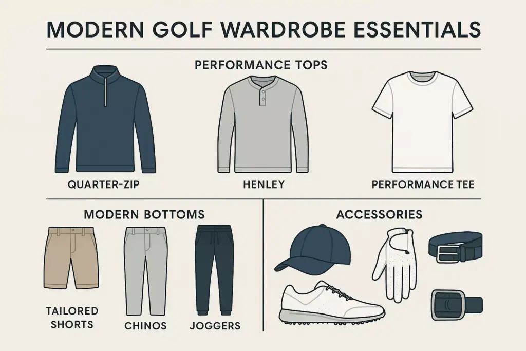 Infographic showing modern golf wardrobe essentials, including tops, bottoms, and accessories with simple illustrations.