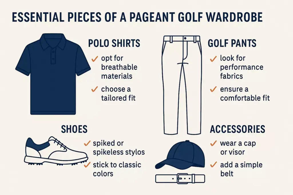 Illustration of essential golf wardrobe: polo shirt, golf pants, shoes, cap, and belt, with brief style tips.