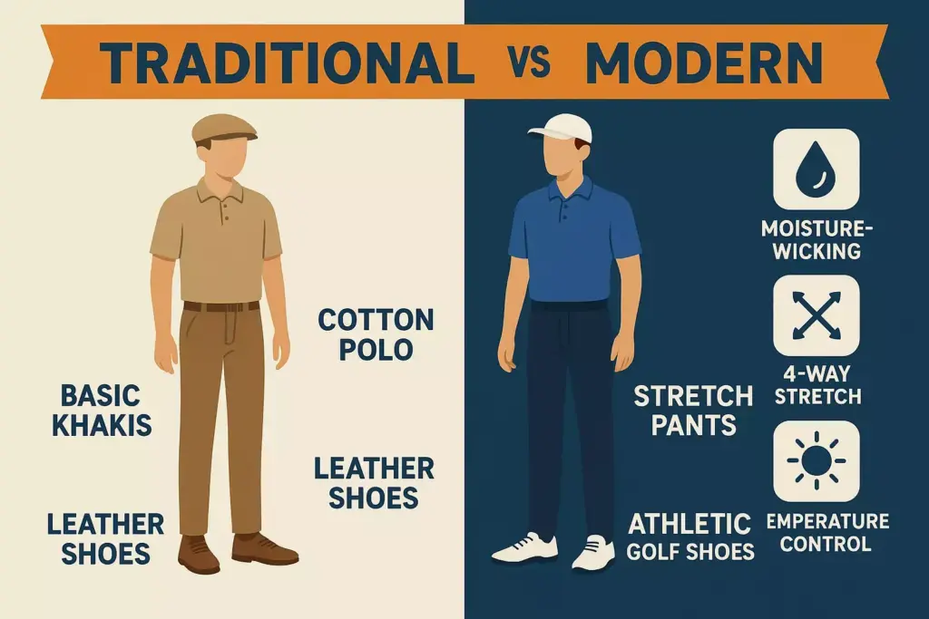 Illustration comparing traditional vs modern golf attire with labeled clothing and performance feature icons.
