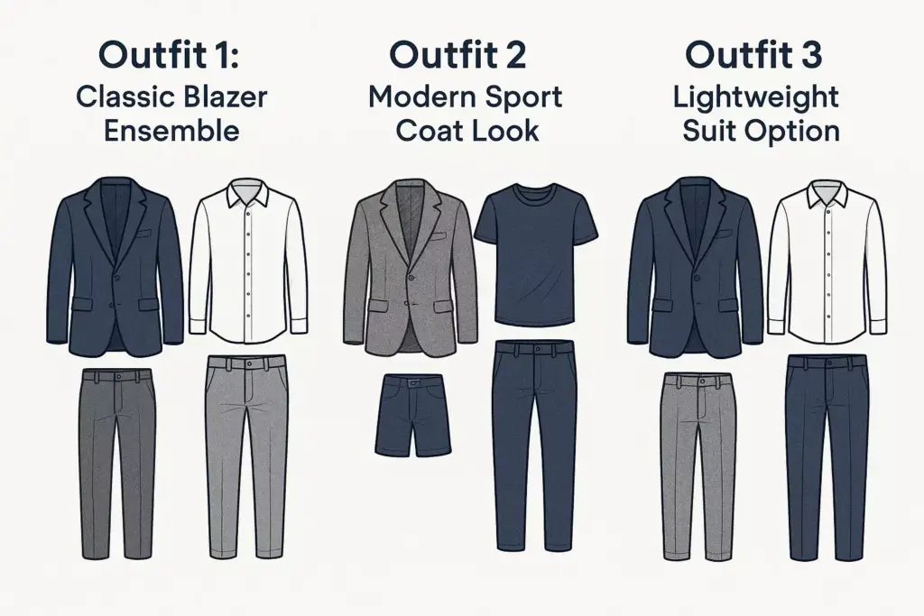 Three men’s outfits: blazer with dress pants, sport coat with shorts and pants, and lightweight suit.