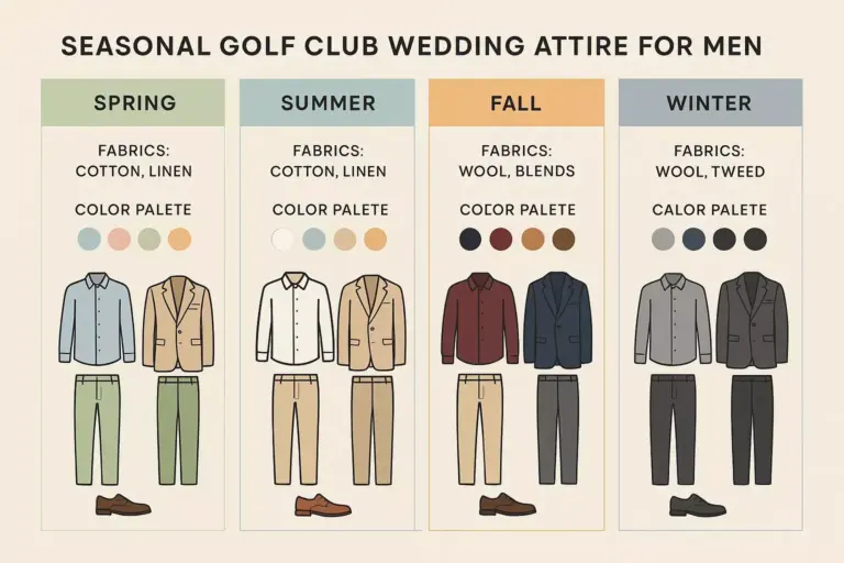 Infographic showing men’s golf club wedding attire by season, with outfits, fabrics, and color palettes.