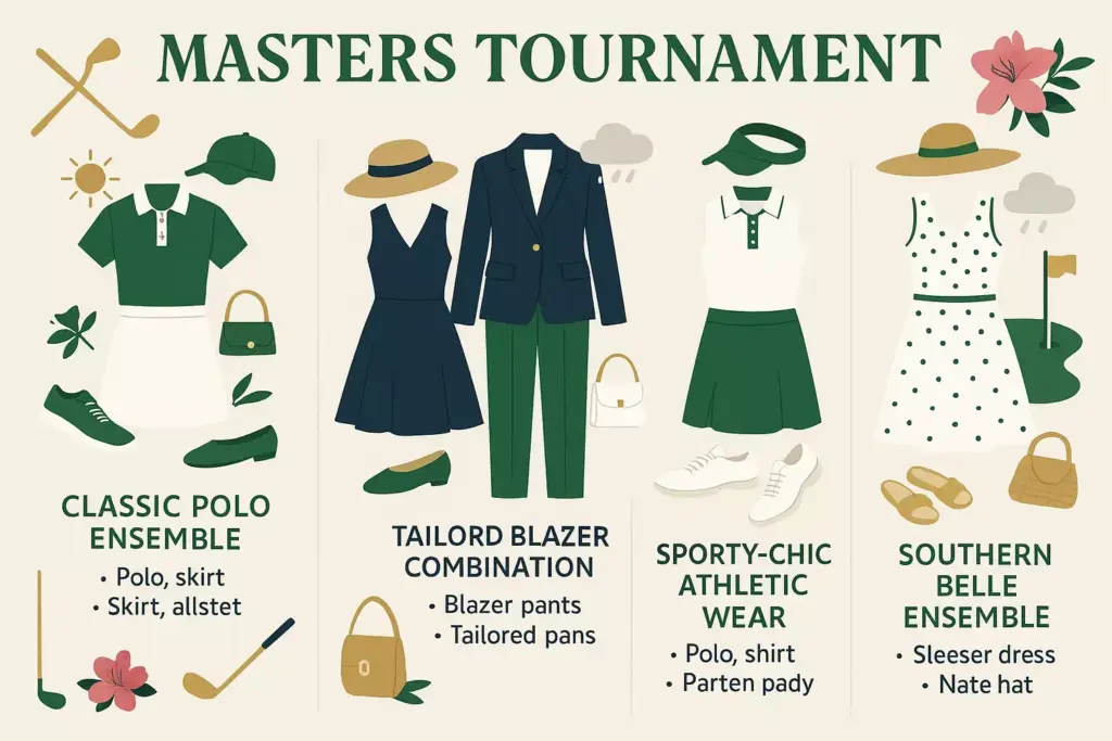 Four womens outfits for the Masters Tournament: polo, blazer, athletic, and southern belle styles with accessories.