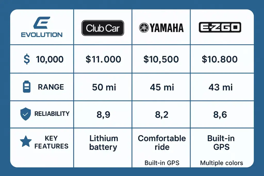 Comparison chart of four golf cart brands showing price, range, reliability, and key features.