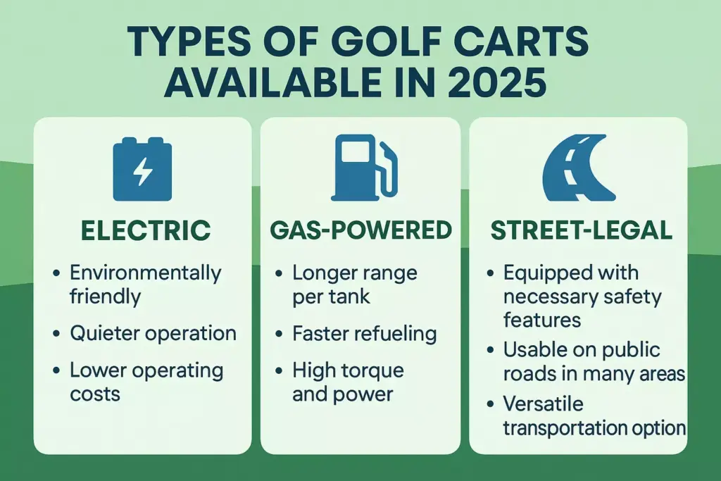 Infographic showing electric, gas-powered, and street-legal golf carts with their features and benefits.