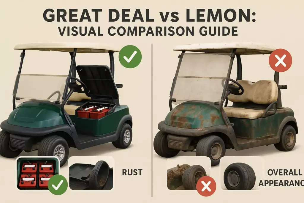 Visual guide comparing a clean, well-maintained golf cart to a rusty, old, and damaged golf cart.