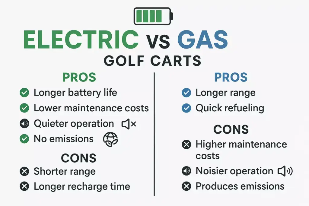Comparison chart of electric vs gas golf carts, listing pros and cons for each type with icons.
