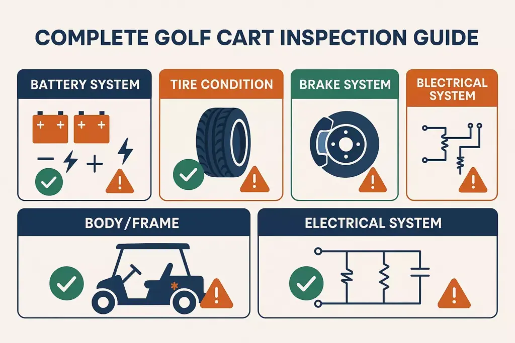 Golf cart inspection guide with icons for battery, tire, brake, electrical systems, and body/frame, plus alert symbols.
