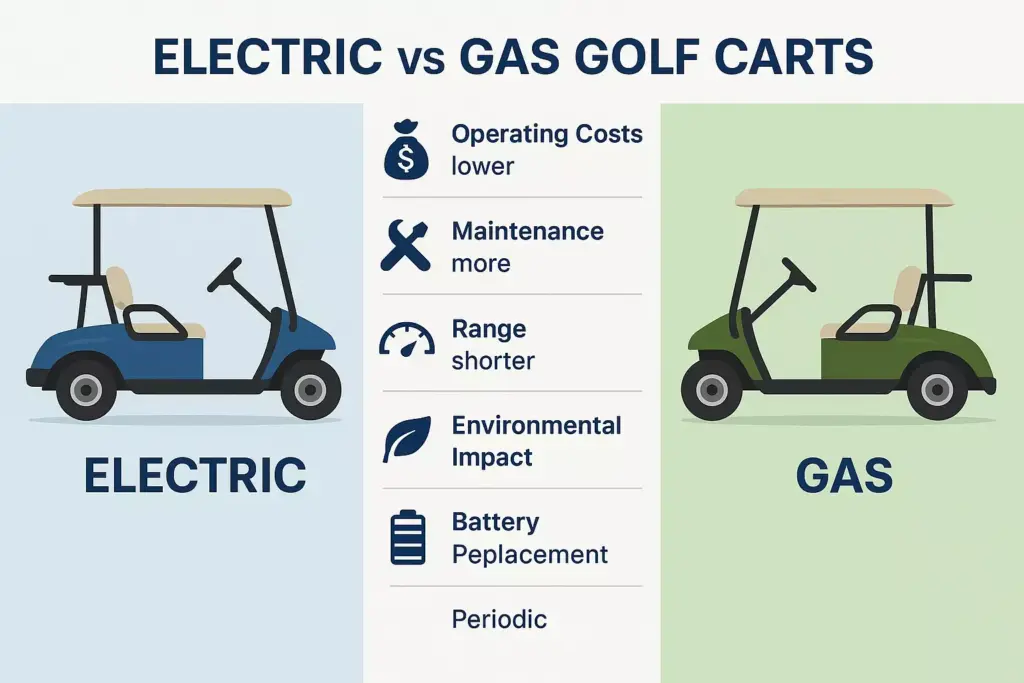 Illustration comparing electric and gas golf carts with pros and cons listed for each type in the center.