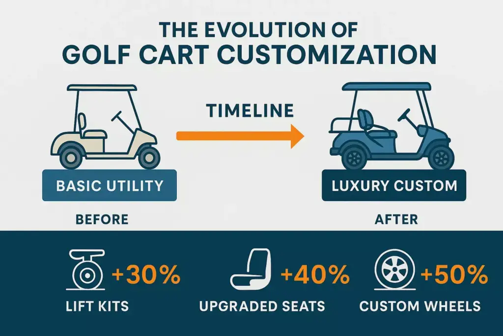 Two golf cart illustrations show evolution from basic utility to luxury custom with lift kits, new seats, and custom wheels.