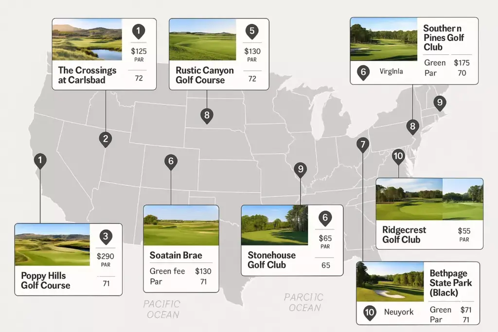 Map of the US showing locations, fees, and photos of ten top public golf courses across the country.