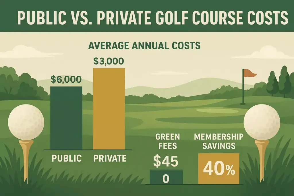 Bar chart comparing public ($6,000) and private ($3,000) golf course annual fees, green fees, and savings.