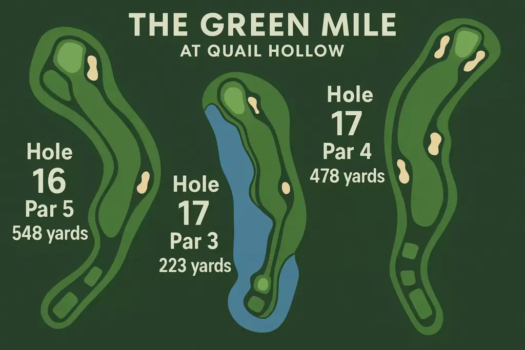 Map showing Holes 16, 17, and 18 at The Green Mile, Quail Hollow, with distances and key features.