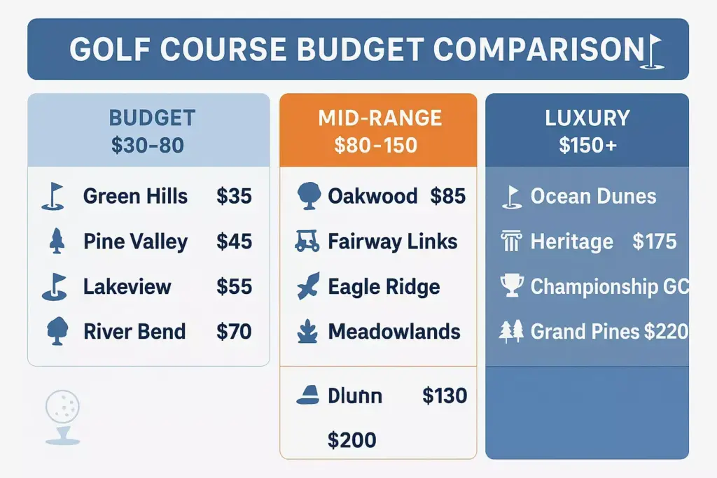 Chart comparing golf course budgets: Budget, Mid-range, and Luxury with example course names and prices.