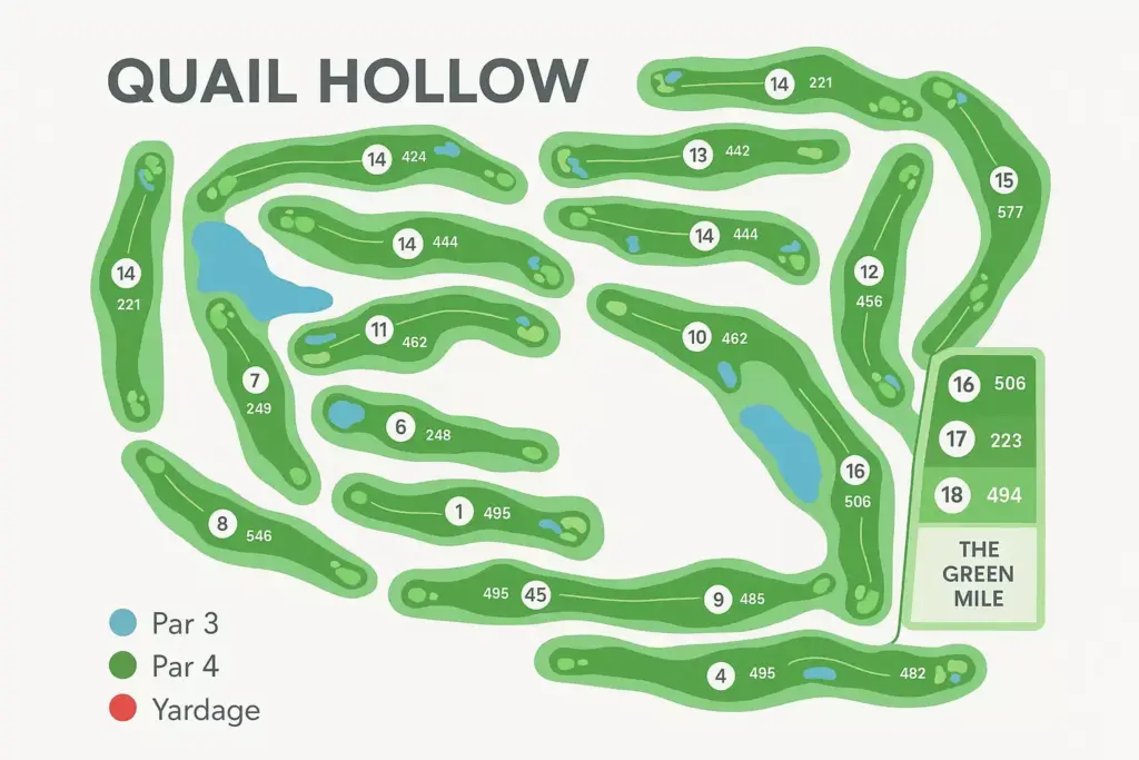 Map of Quail Hollow golf course with labeled holes, pars, and yardage; color-coded by par type.