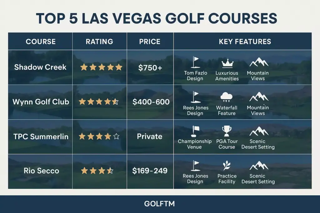 A comparison chart of the top 5 Las Vegas golf courses, showing ratings, prices, and key features.