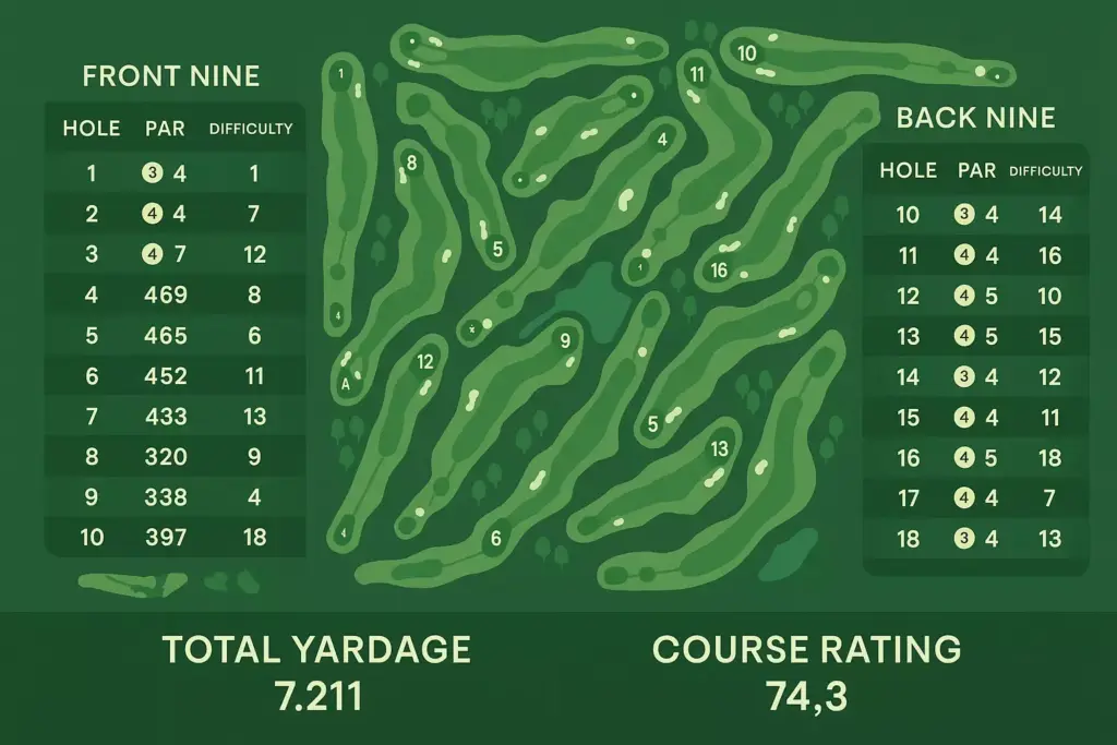Illustration of an 18-hole golf course map with pars, yardages, and hole difficulties listed.