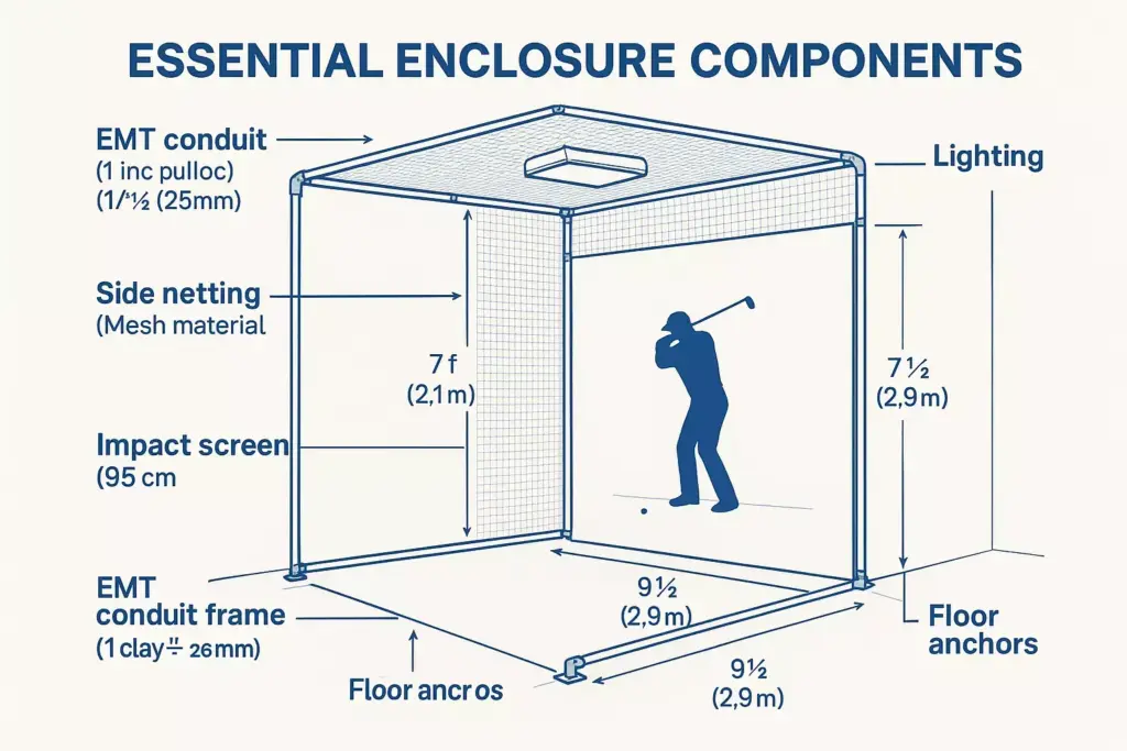 Diagram of a golf enclosure showing labeled dimensions, netting, lighting, and an illustrated golfer inside.