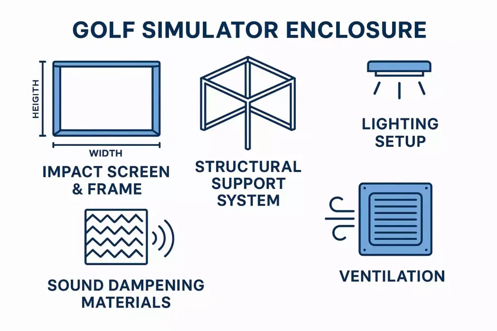 Diagram of golf simulator enclosure features: screen, structure, lighting, sound dampening, and ventilation.