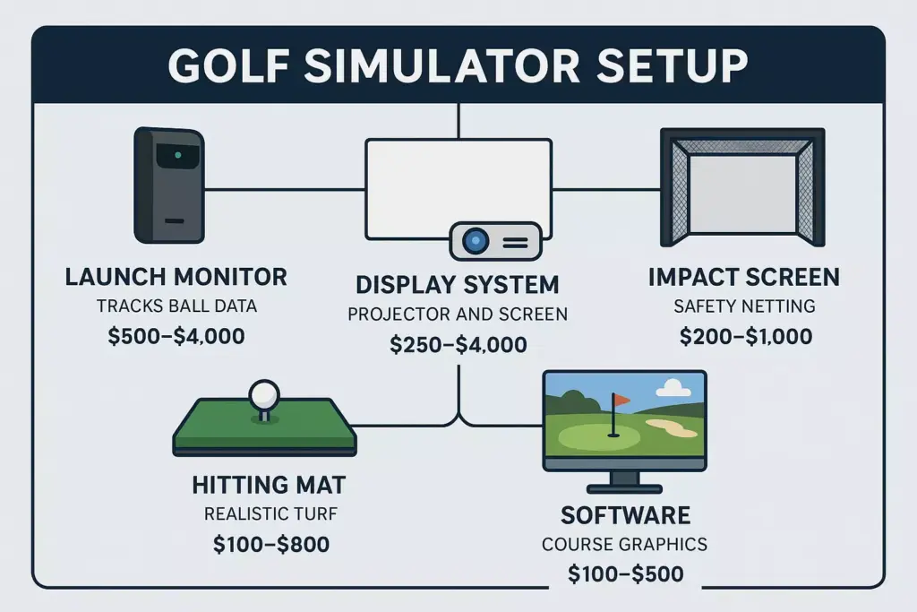 Diagram of a golf simulator setup with labeled components and their price ranges.