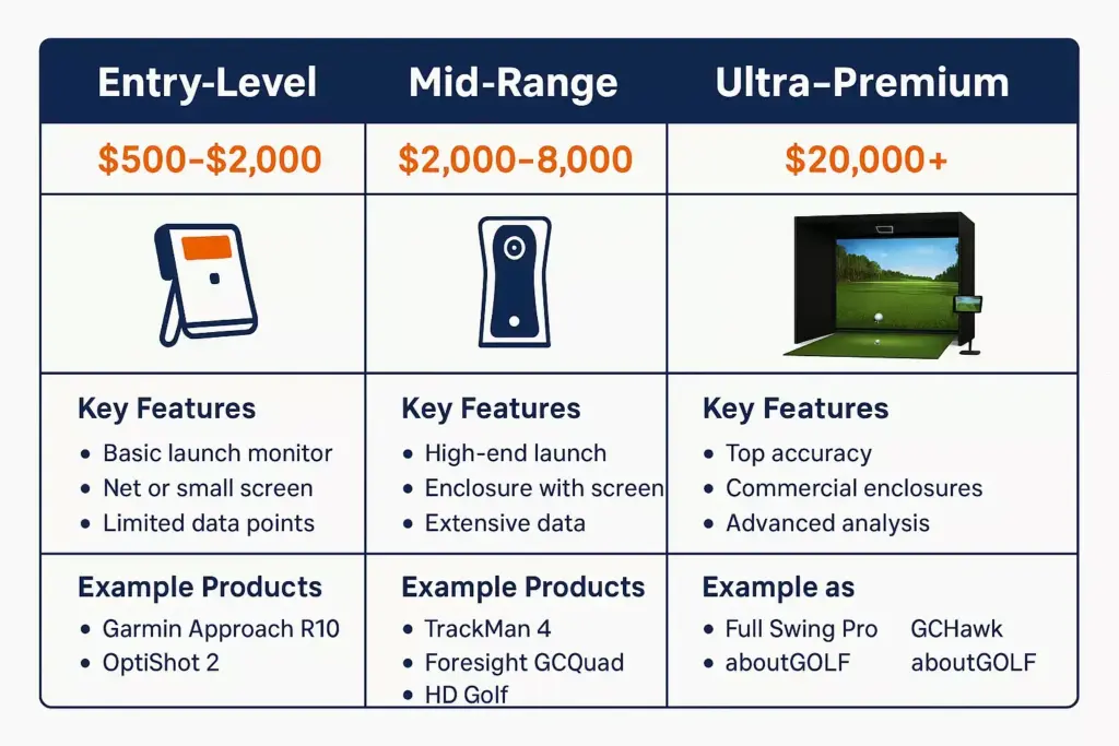 Chart compares entry-level, mid-range, and ultra-premium golf simulators, listing prices, features, and examples.