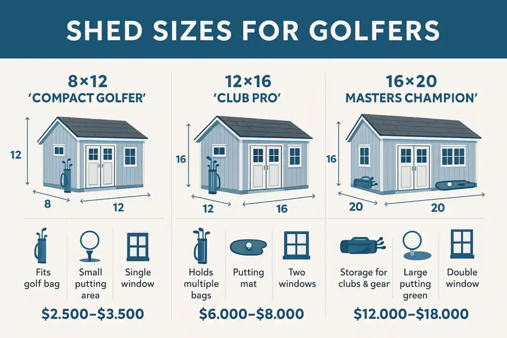 Three shed sizes for golfers with dimensions, features, and price ranges illustrated in a comparison chart.