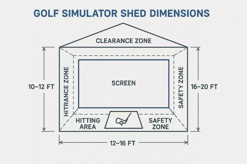 Diagram of golf simulator shed dimensions with labeled zones; width 12–16 ft, height 10–12 ft, depth 16–20 ft.