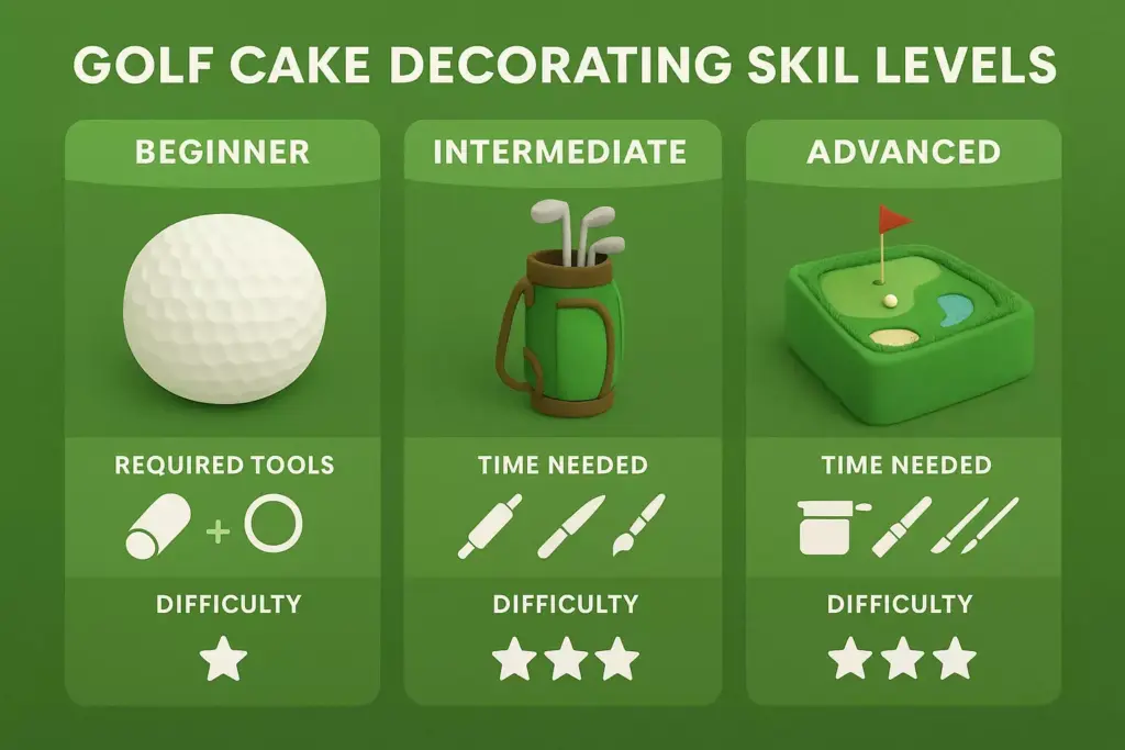 Chart showing beginner, intermediate, and advanced golf cake decorating skill levels with tools and difficulty.